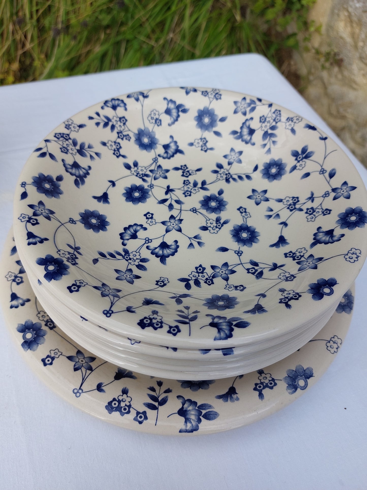 Lot de 6 assiettes creuses et 1 assiette plate décor "fleur bleu"