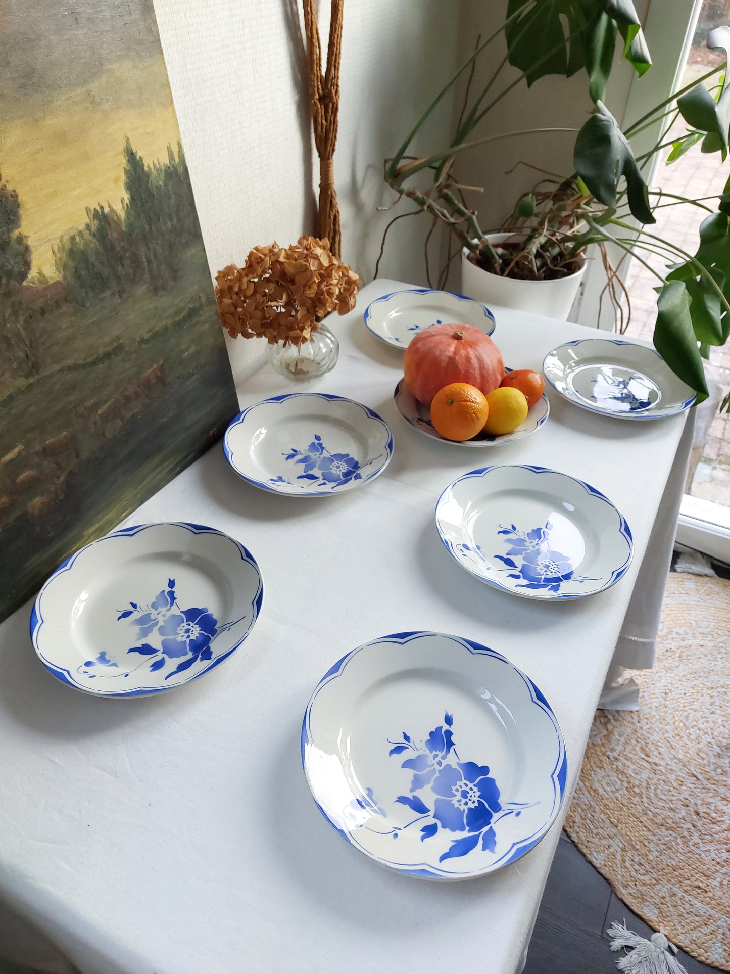 Lot de 6 assiettes plates fleurs bleues "Gien"