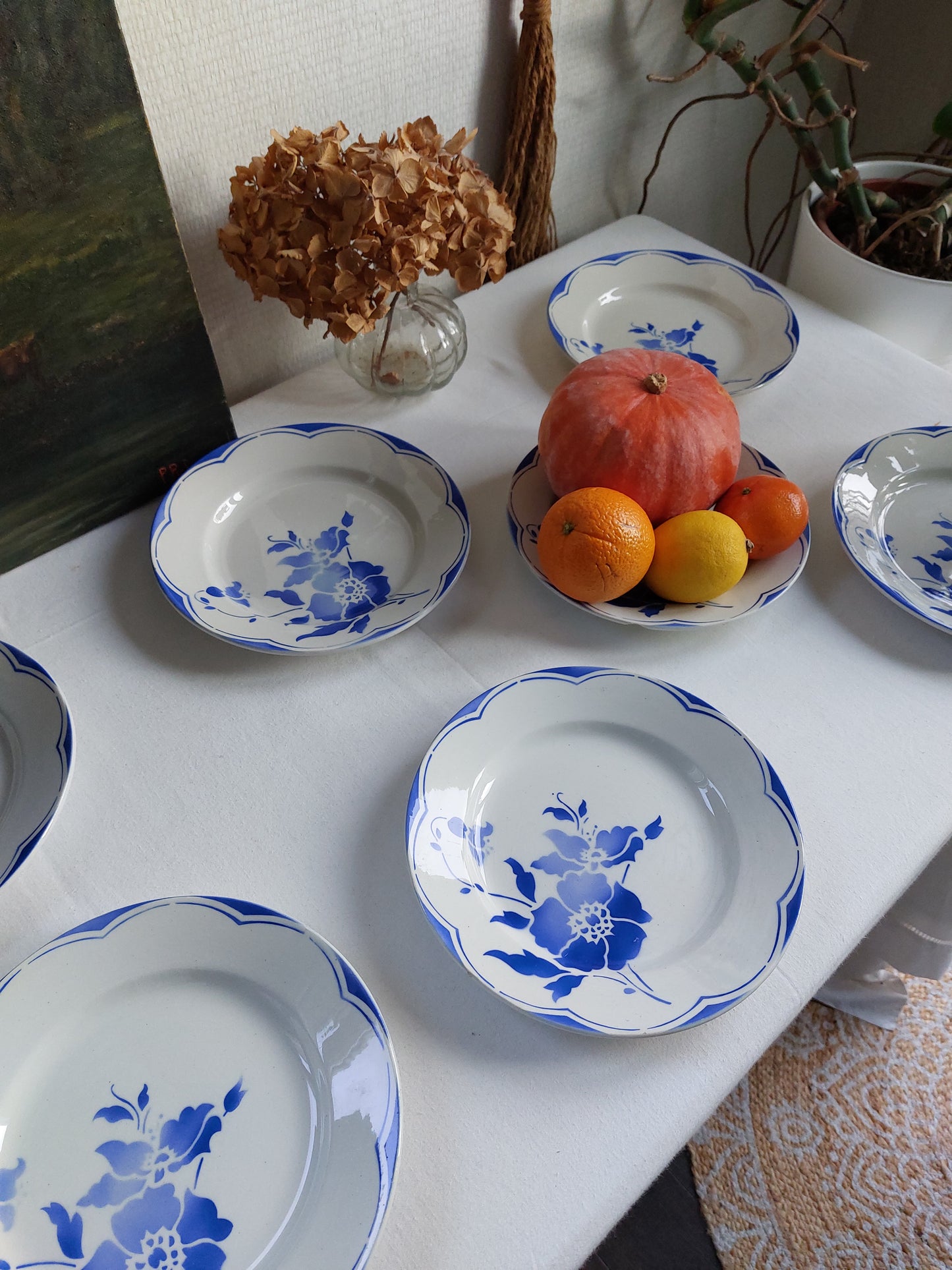 Lot de 6 assiettes plates fleurs bleues "Gien"