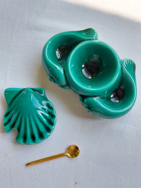 Serviteur à moutarde, sel et poivre en céramique vintage