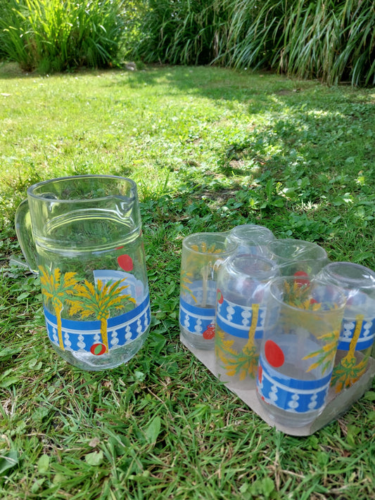 Pichet à orangeade et 6 verres vintage modèle "Bahahmas"