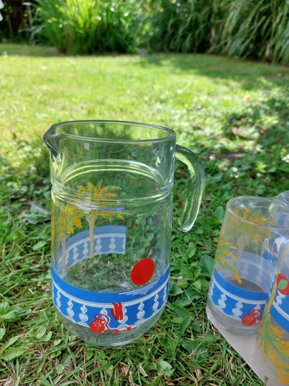Pichet à orangeade et 6 verres vintage modèle "Bahahmas"