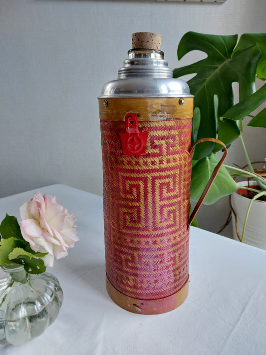 Thermos vintage en bambou bicolore