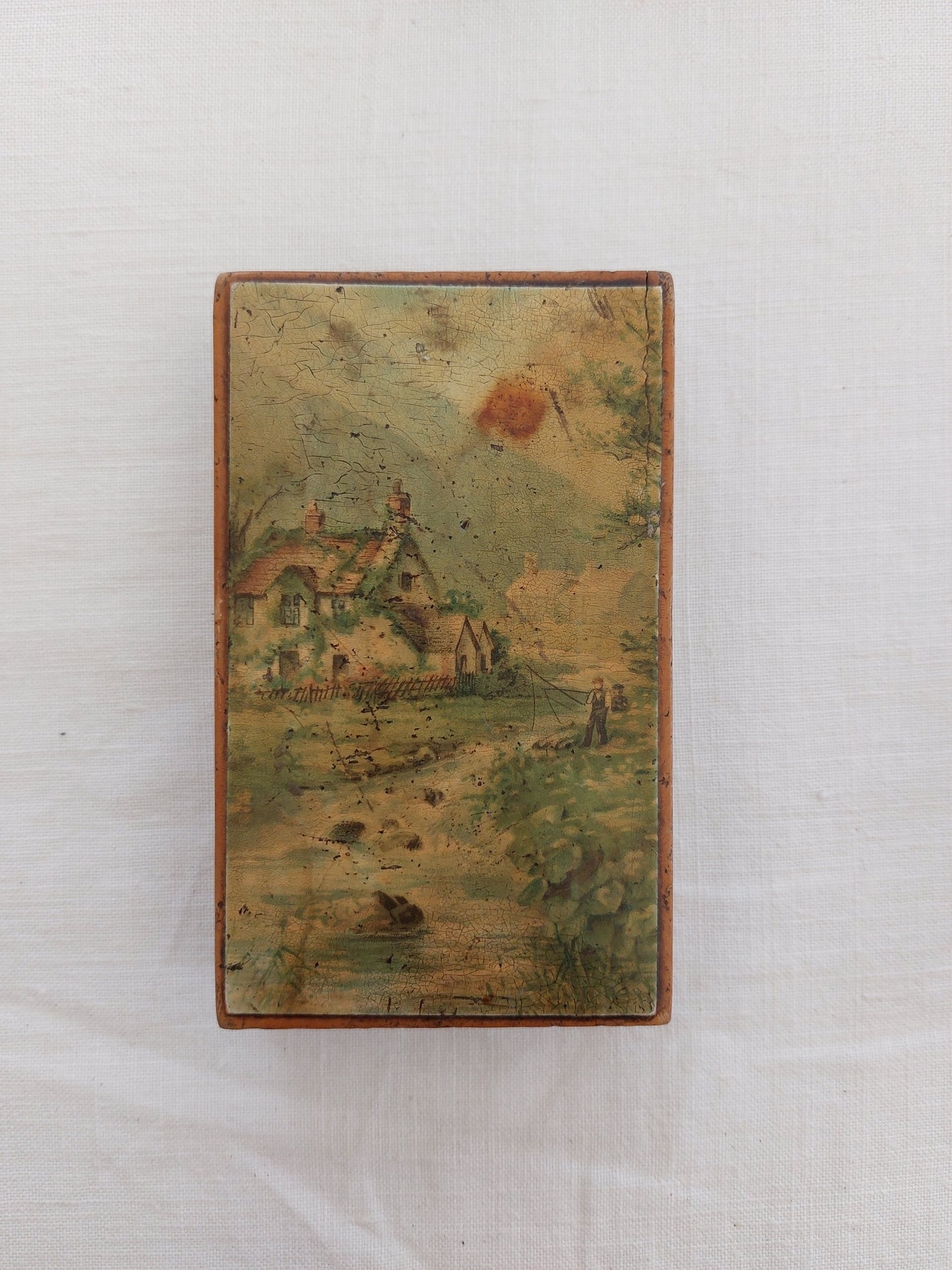 Petit coffret ancien - Peinture à l'huile " Au bord du ruisseau"