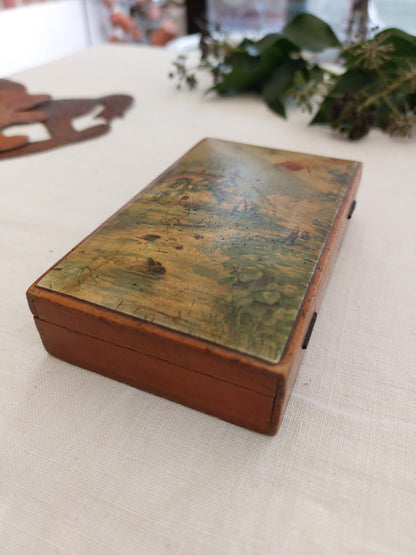 Petit coffret ancien - Peinture à l'huile " Au bord du ruisseau"