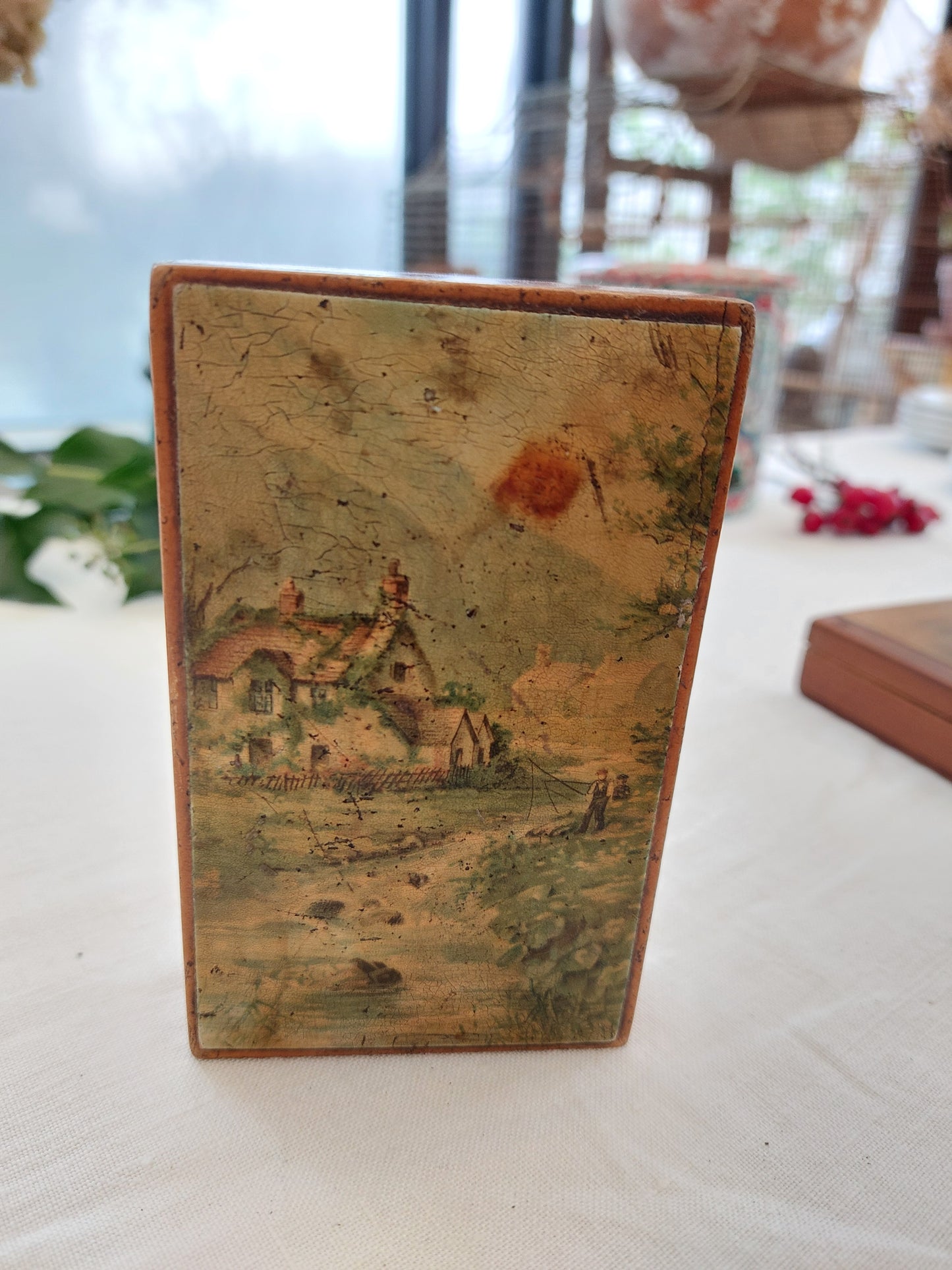 Petit coffret ancien - Peinture à l'huile " Au bord du ruisseau"