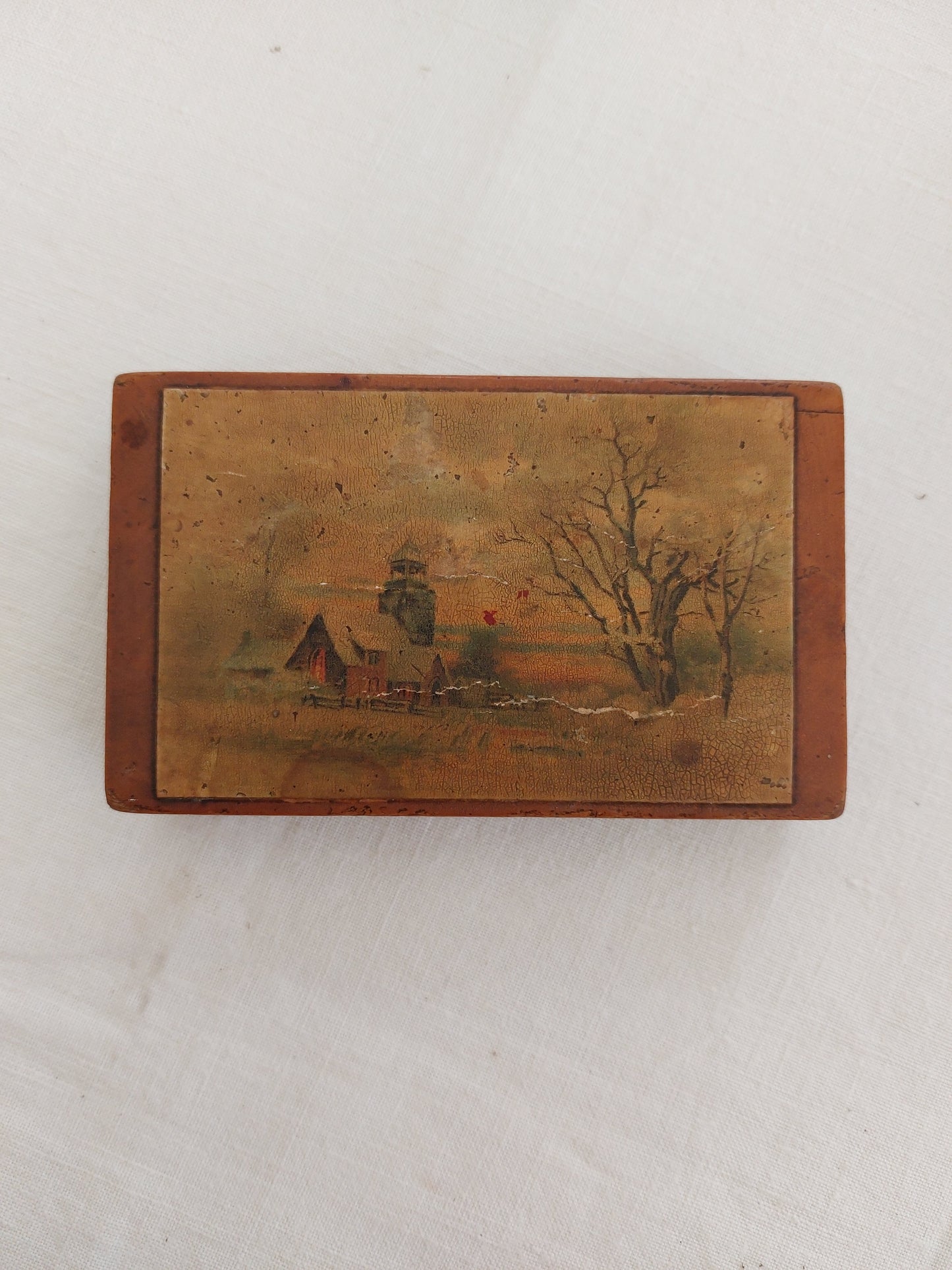 Petit coffret ancien - Peinture à l'huile "Paysage enneigé"