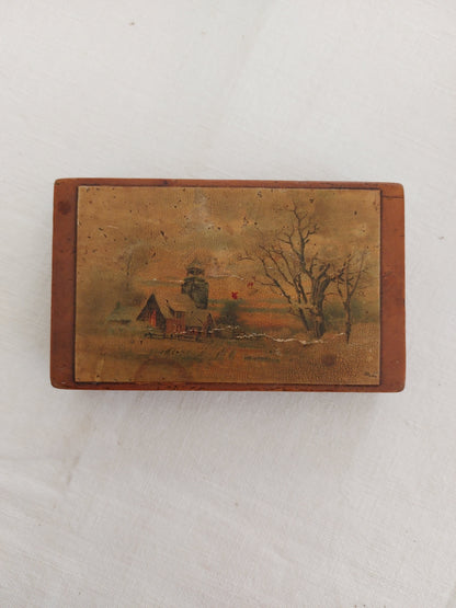 Petit coffret ancien - Peinture à l'huile "Paysage enneigé"