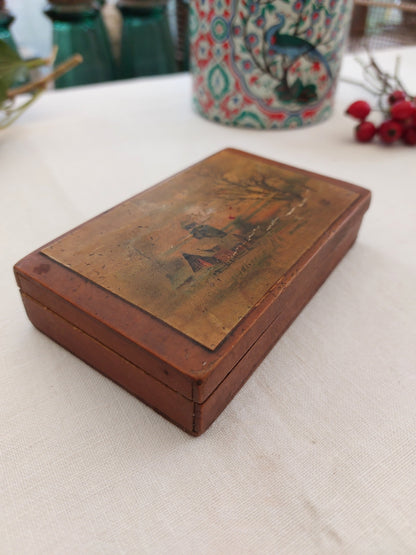 Petit coffret ancien - Peinture à l'huile "Paysage enneigé"