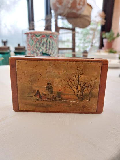 Petit coffret ancien - Peinture à l'huile "Paysage enneigé"