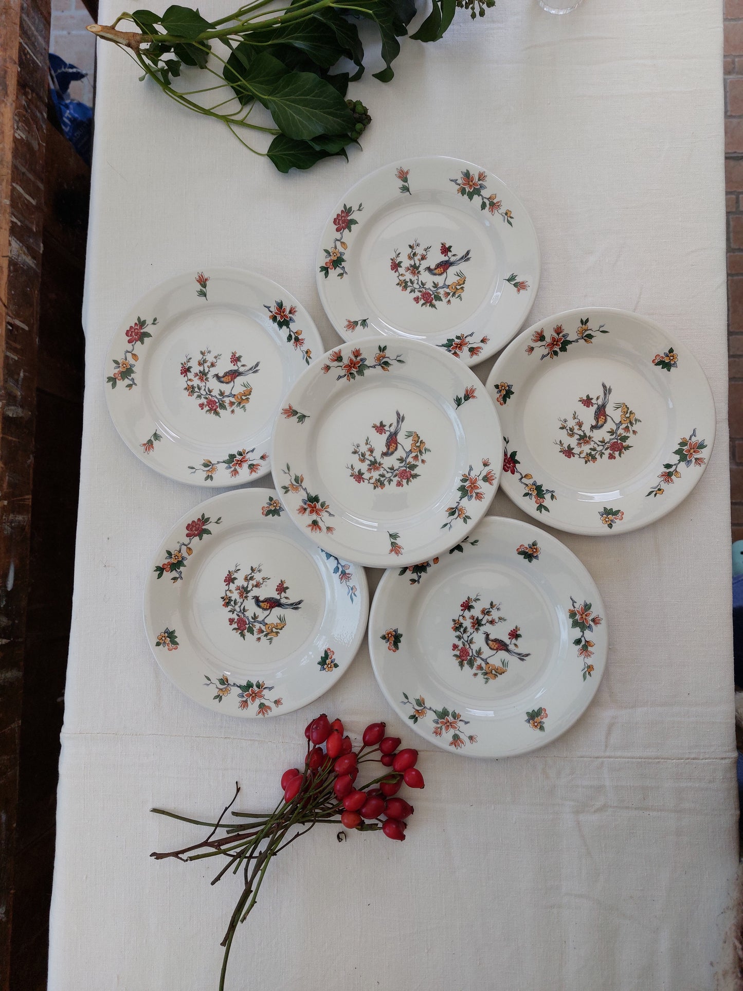 Lot de 6 assiettes à dessert et 2 plus petites Sarreguemines modèle « Oiseaux du paradis »