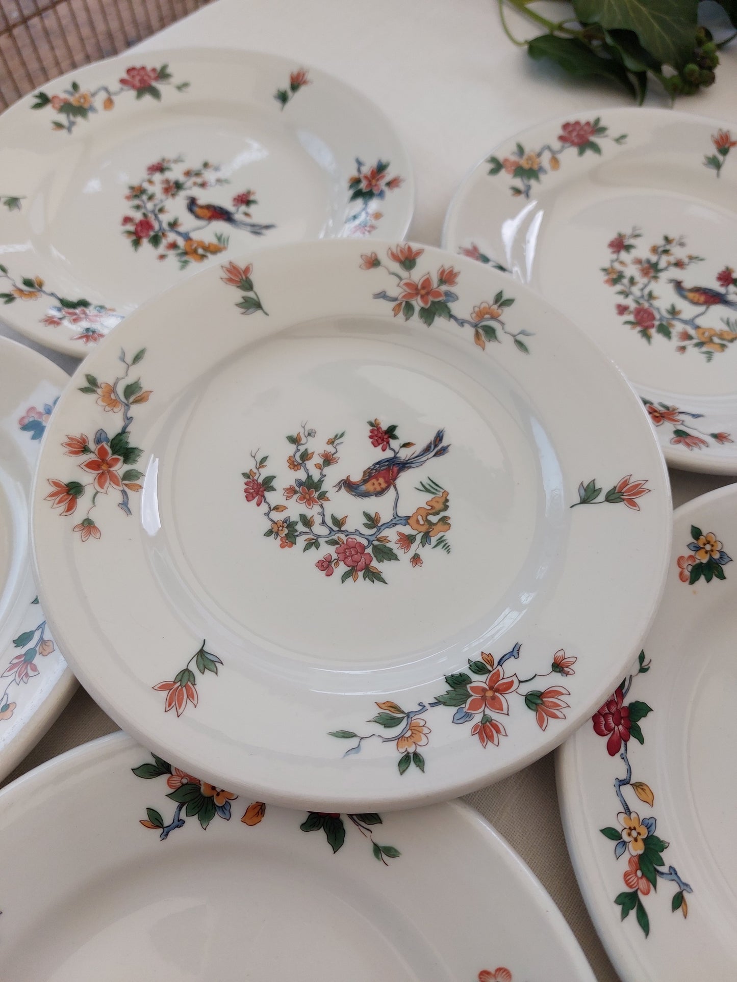Lot de 6 assiettes à dessert et 2 plus petites Sarreguemines modèle « Oiseaux du paradis »