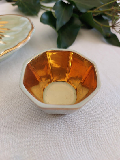 Porte savon et timbale vert d’eau et or ancien