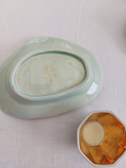 Porte savon et timbale vert d’eau et or ancien