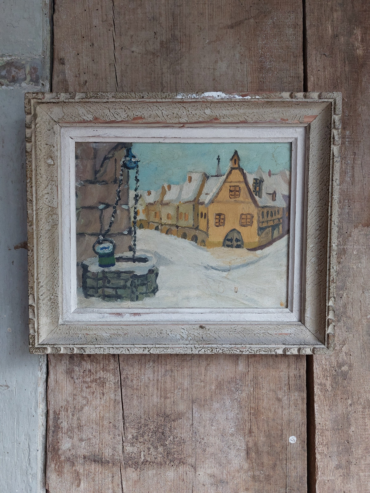 Huile sur panneau « Village enneigé »