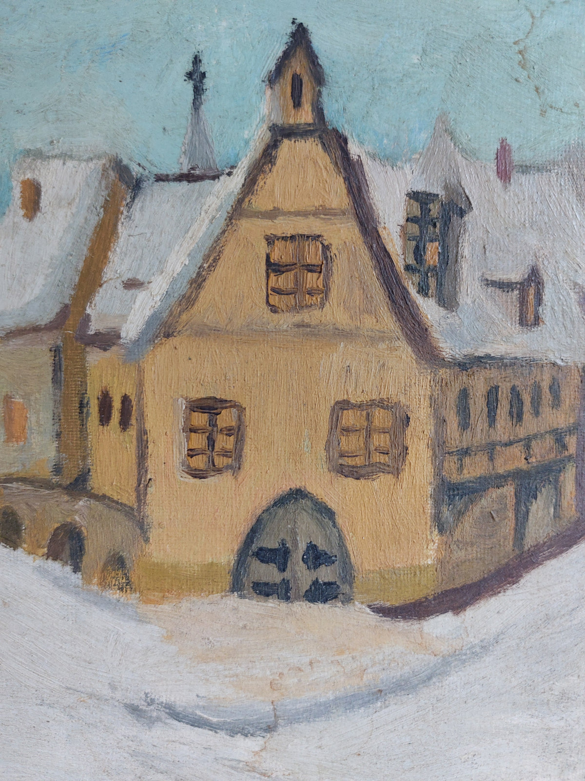 Huile sur panneau « Village enneigé »