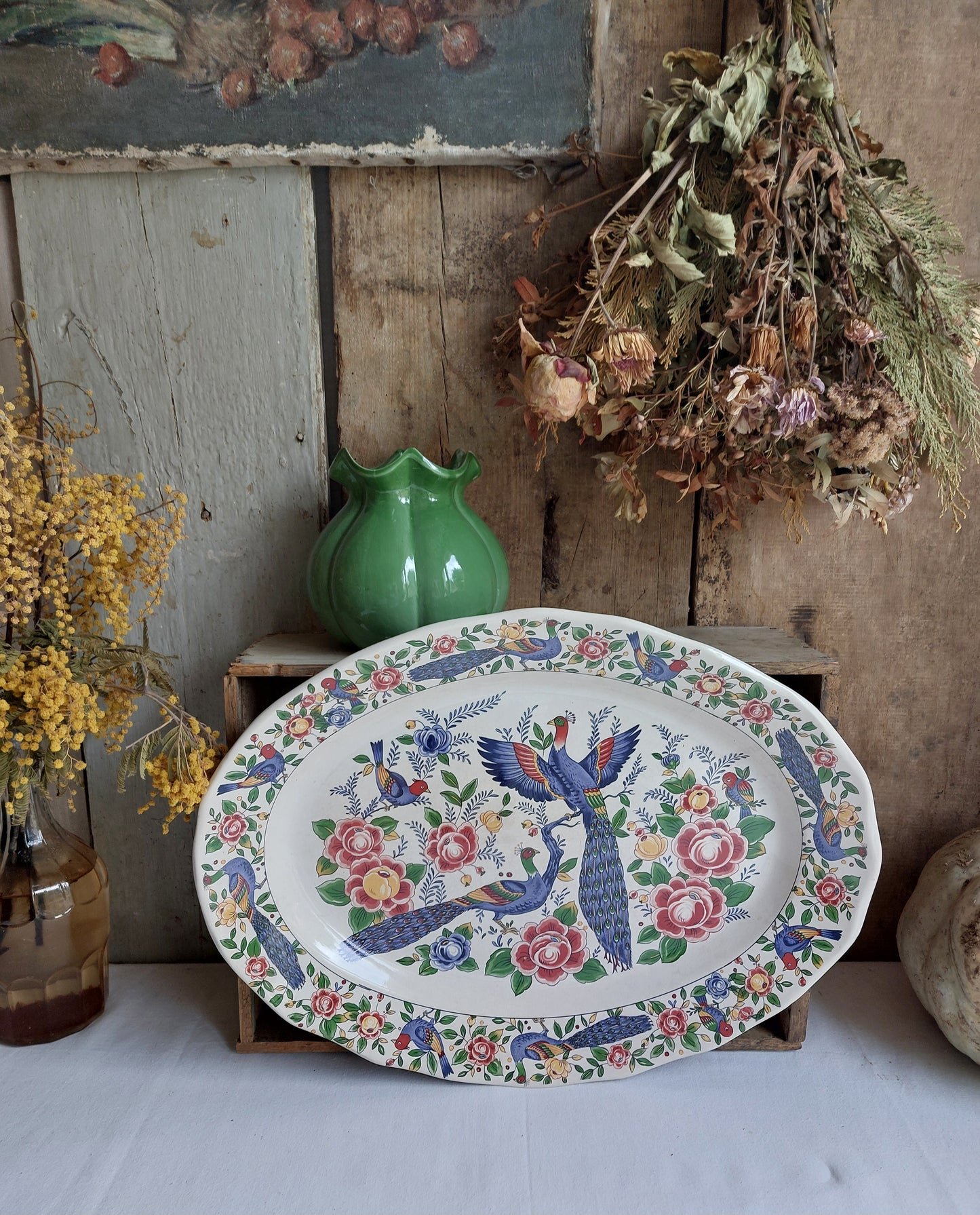 Grand plat vintage « Oiseaux et Paons »